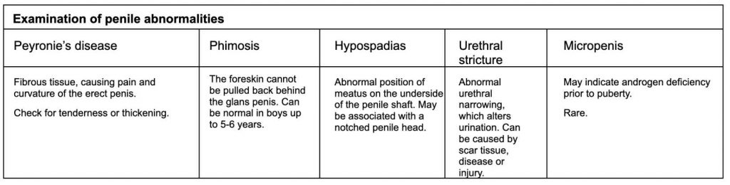Table: Examination of penile abnormalities