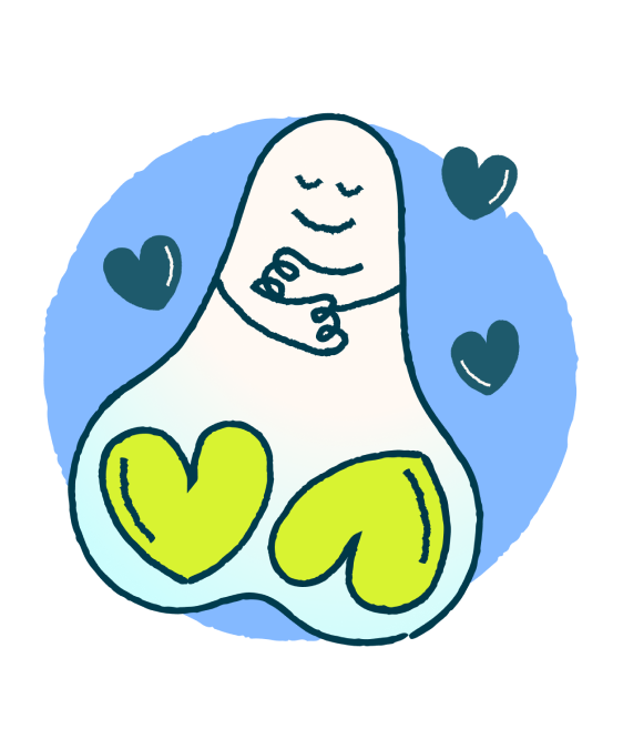 Illustration of a character designed as a pair of testicles with hearts around it representing a health campaign encouraging men to share their experience on checking for testicular lumps..