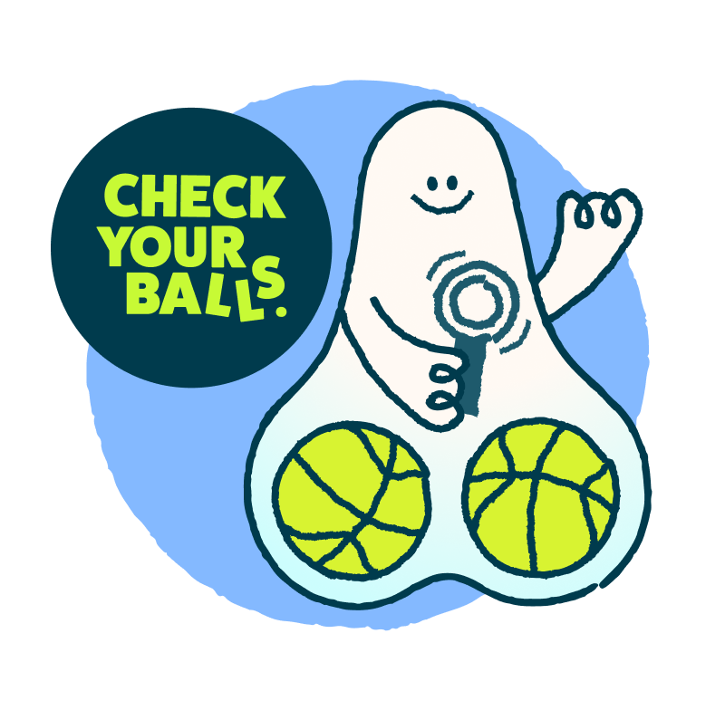 Illustration of a character designed as a pair of testicles holding a magnifying glass, representing a health campaign encouraging men to check their testicles for lumps.